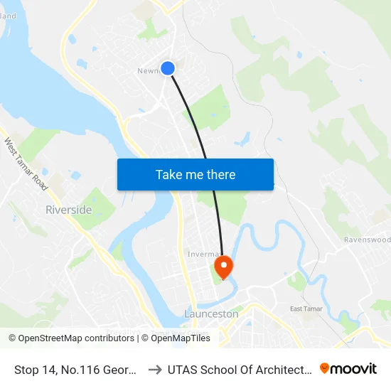 Stop 14, No.116 George Town Rd to UTAS School Of Architecture Inveresk map