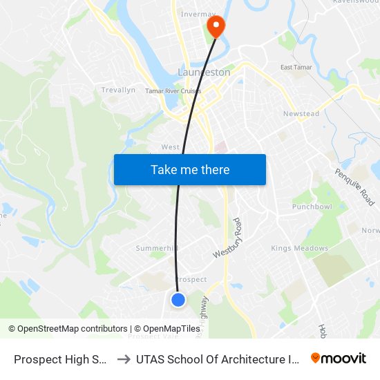 Prospect High School to UTAS School Of Architecture Inveresk map