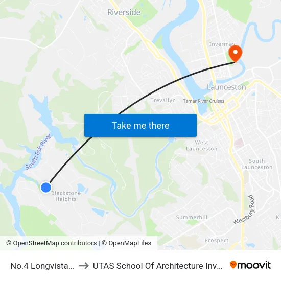 No.4 Longvista Rd to UTAS School Of Architecture Inveresk map