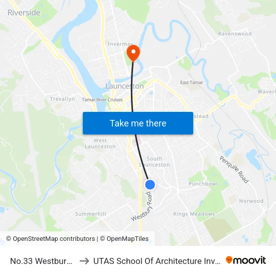 No.33 Westbury Rd to UTAS School Of Architecture Inveresk map