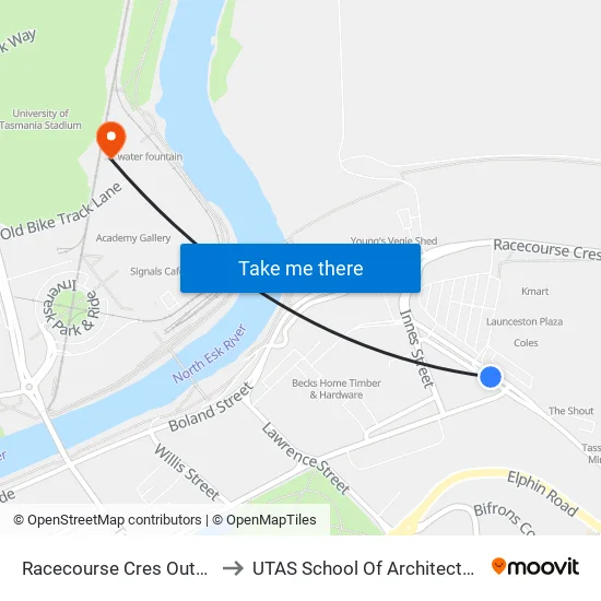 Racecourse Cres Outside Coles to UTAS School Of Architecture Inveresk map