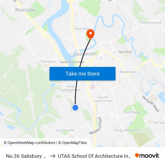 No.36 Salisbury Cres to UTAS School Of Architecture Inveresk map