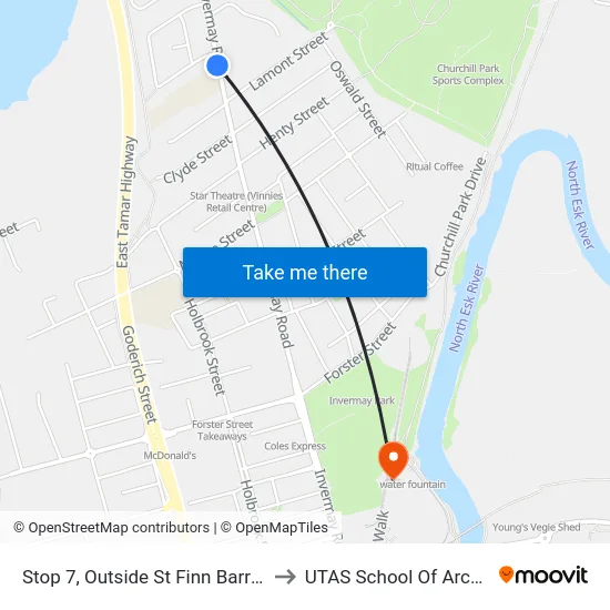 Stop 7, Outside St Finn Barrs School, Invermay Rd to UTAS School Of Architecture Inveresk map