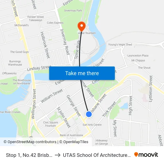 Stop 1, No.42 Brisbane St to UTAS School Of Architecture Inveresk map
