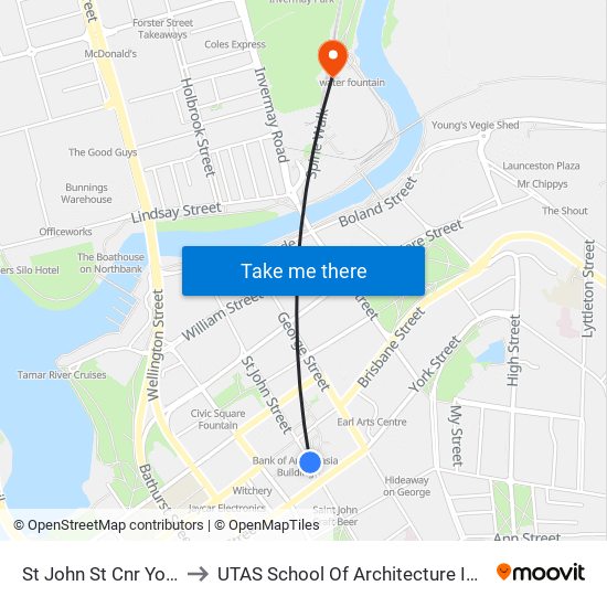St John St Cnr York St to UTAS School Of Architecture Inveresk map