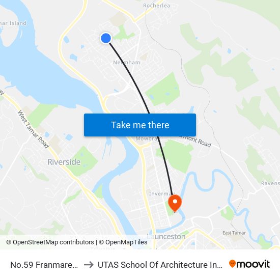 No.59 Franmaree Rd to UTAS School Of Architecture Inveresk map