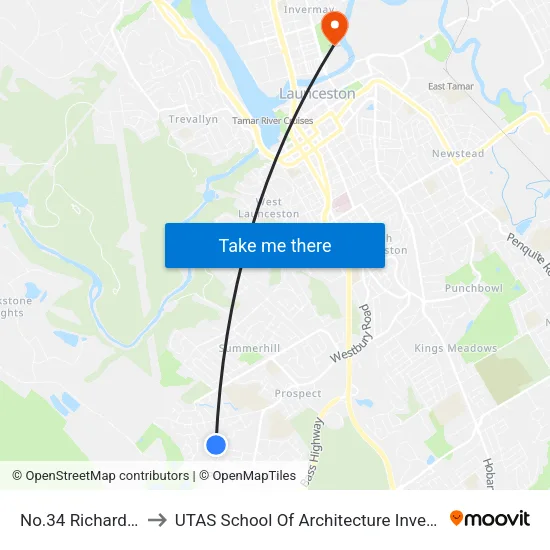 No.34 Richard St to UTAS School Of Architecture Inveresk map