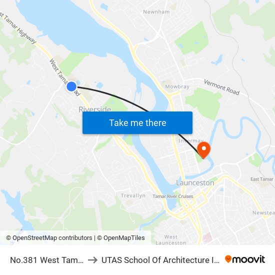 No.381 West Tamar Rd to UTAS School Of Architecture Inveresk map