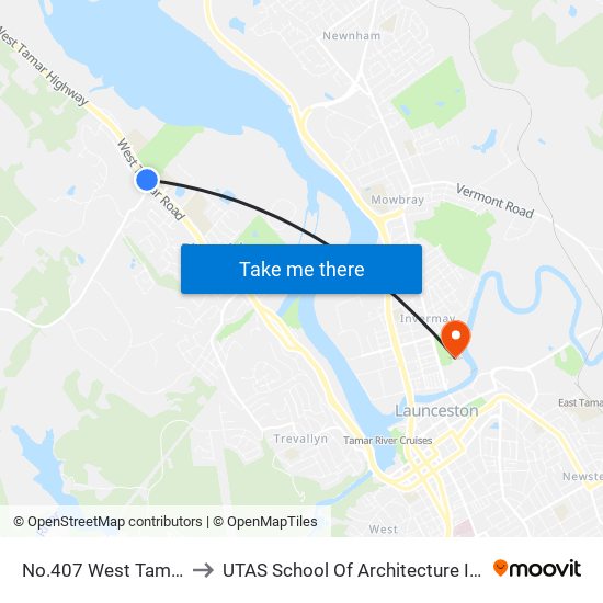 No.407 West Tamar Rd to UTAS School Of Architecture Inveresk map