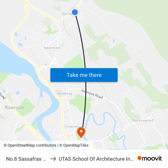 No.8 Sassafras Cres to UTAS School Of Architecture Inveresk map