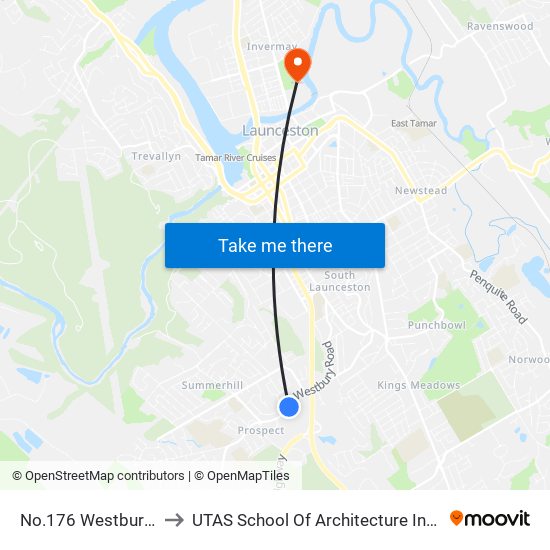 No.176 Westbury Rd to UTAS School Of Architecture Inveresk map