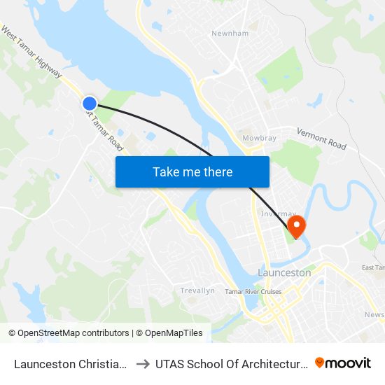 Launceston Christian School to UTAS School Of Architecture Inveresk map