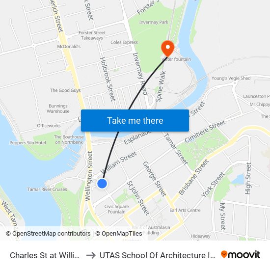 Charles St at William St to UTAS School Of Architecture Inveresk map