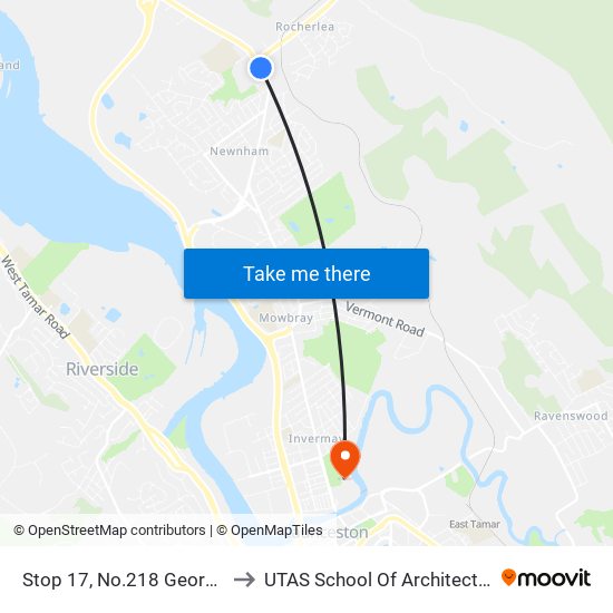 Stop 17, No.218 George Town Rd to UTAS School Of Architecture Inveresk map