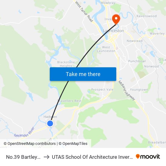 No.39 Bartley St to UTAS School Of Architecture Inveresk map