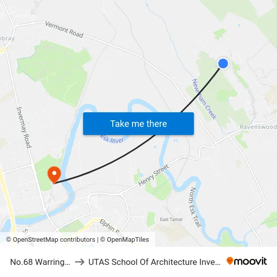No.68 Warring St to UTAS School Of Architecture Inveresk map