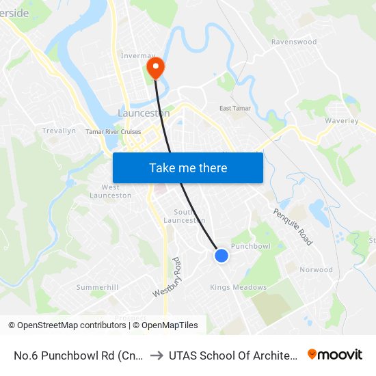 No.6 Punchbowl Rd (Cnr Pyenna Ave) to UTAS School Of Architecture Inveresk map