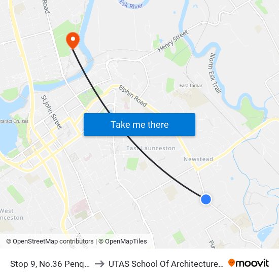 Stop 9, No.36 Penquite Rd to UTAS School Of Architecture Inveresk map