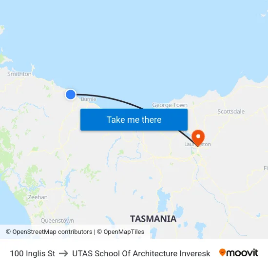 100 Inglis St to UTAS School Of Architecture Inveresk map
