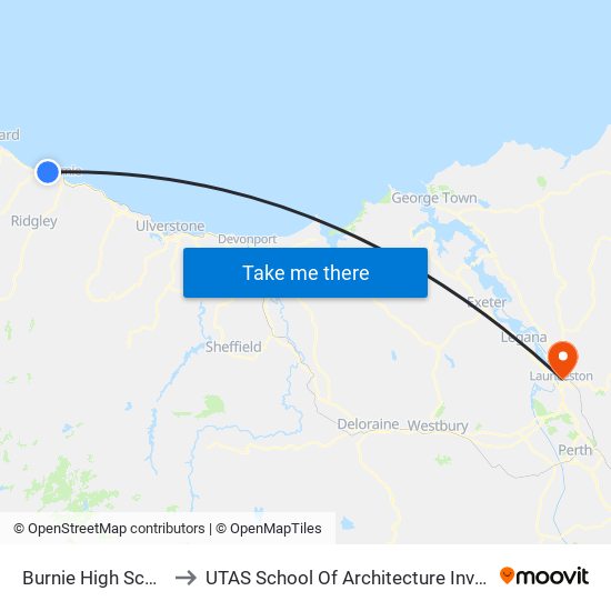 Burnie High School to UTAS School Of Architecture Inveresk map