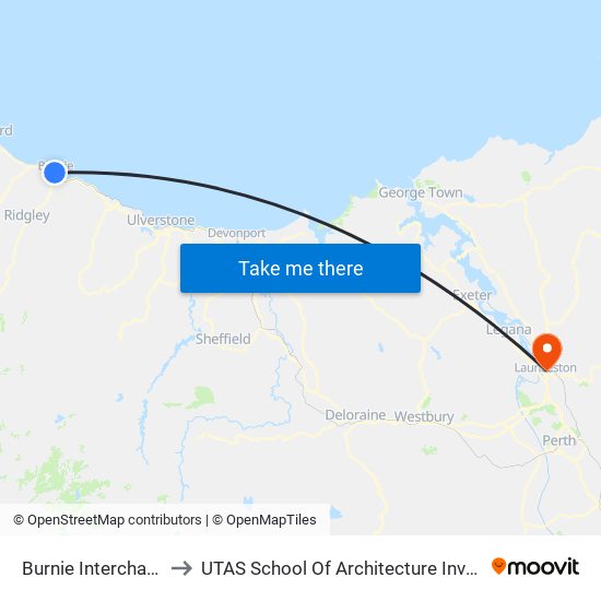 Burnie Interchange to UTAS School Of Architecture Inveresk map