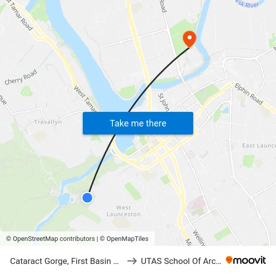 Cataract Gorge, First Basin Car Park (Tiger Bus Stop) to UTAS School Of Architecture Inveresk map