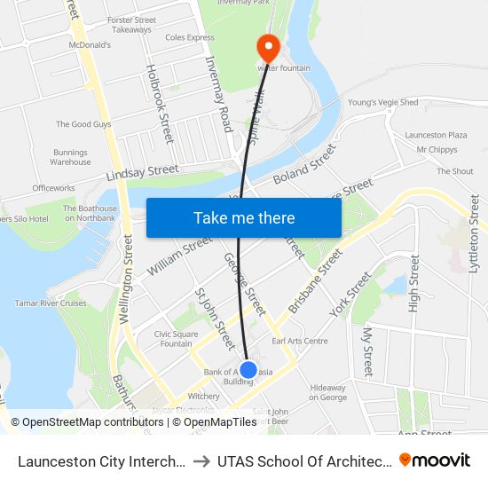 Launceston City Interchange, Stop B to UTAS School Of Architecture Inveresk map