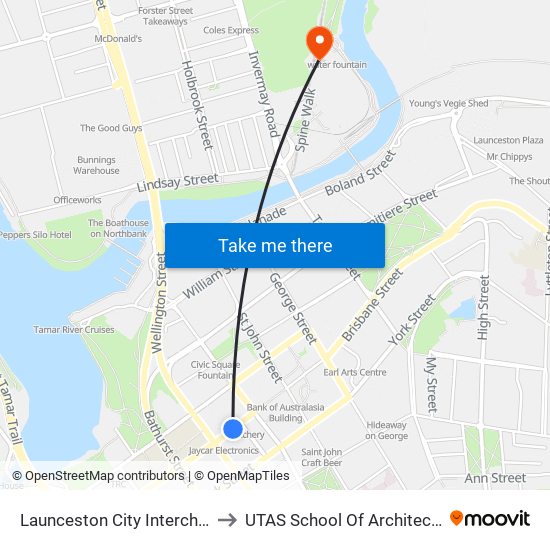 Launceston City Interchange, Stop D to UTAS School Of Architecture Inveresk map