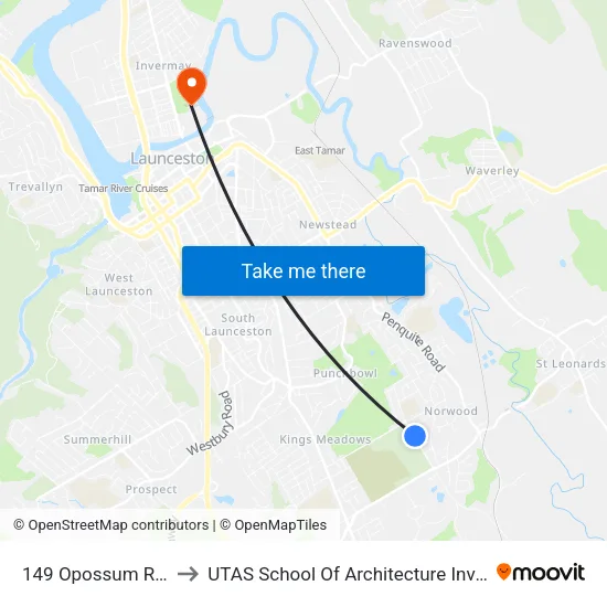 149 Opossum Road to UTAS School Of Architecture Inveresk map