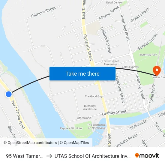 95 West Tamar Rd to UTAS School Of Architecture Inveresk map