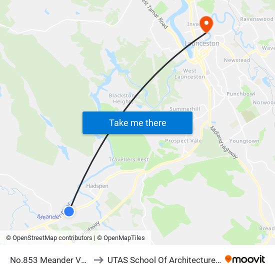 No.853 Meander Valley Rd to UTAS School Of Architecture Inveresk map