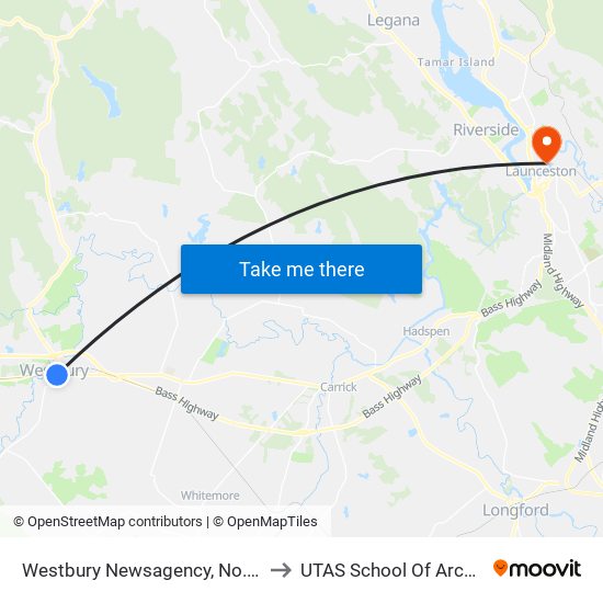 Westbury Newsagency, No.84 Meander Valley Rd to UTAS School Of Architecture Inveresk map