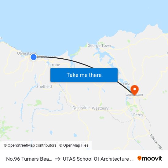 No.96 Turners Beach Rd to UTAS School Of Architecture Inveresk map