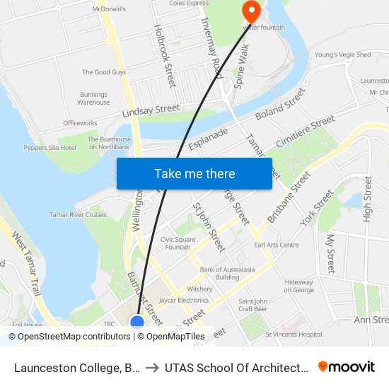 Launceston College, Brisbane St to UTAS School Of Architecture Inveresk map