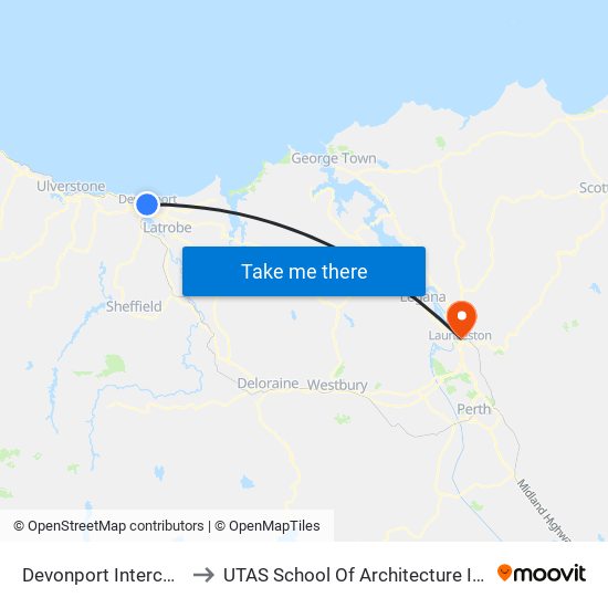 Devonport Interchange to UTAS School Of Architecture Inveresk map
