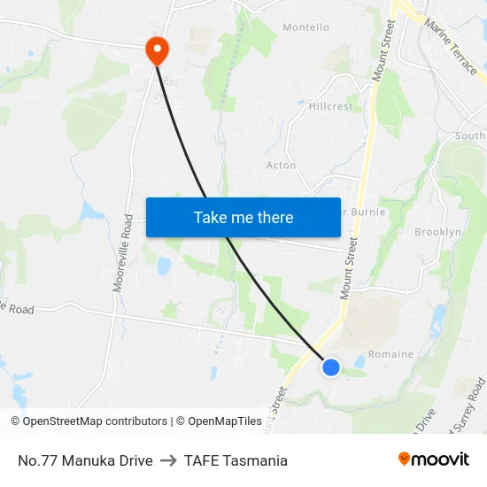 No.77 Manuka Drive to TAFE Tasmania map