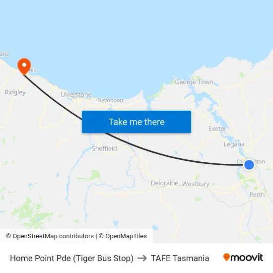 Home Point Pde (Tiger Bus Stop) to TAFE Tasmania map
