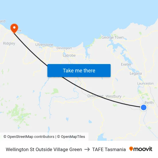 Wellington St Outside Village Green to TAFE Tasmania map