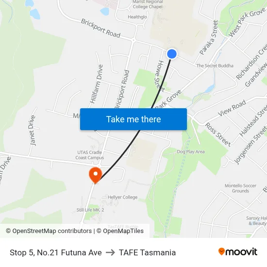 Stop 5, No.21 Futuna Ave to TAFE Tasmania map