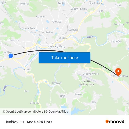 Jenišov to Andělská Hora map