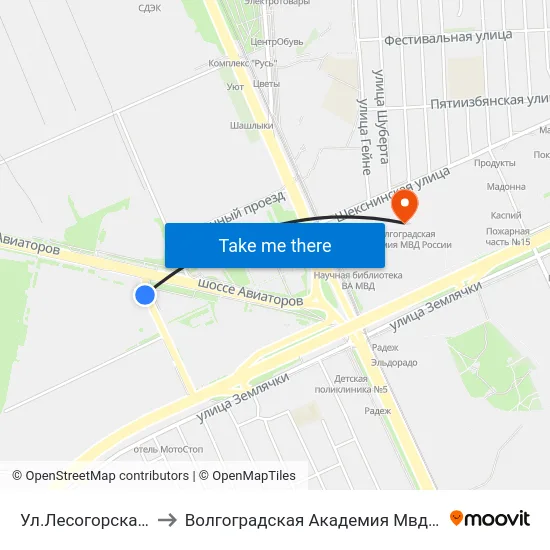 Ул.Лесогорская (А) to Волгоградская Академия Мвд России map