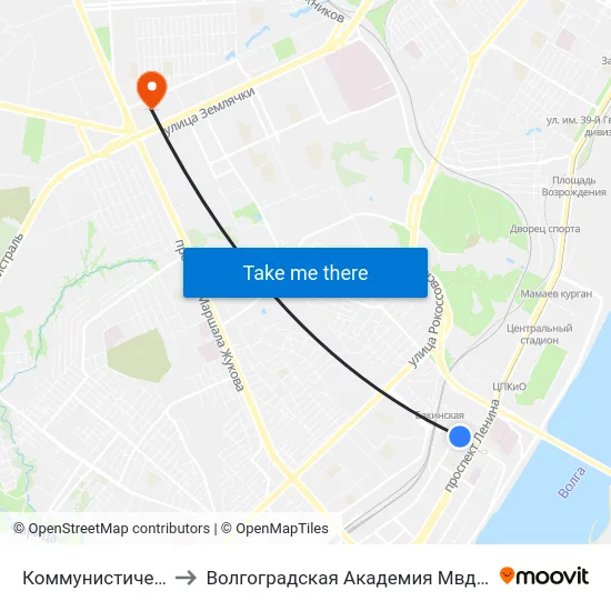 Коммунистическая to Волгоградская Академия Мвд России map