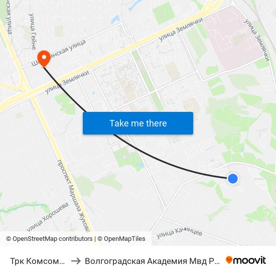 Трк Комсомолл to Волгоградская Академия Мвд России map