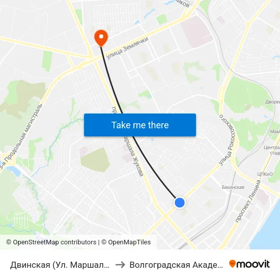 Двинская (Ул. Маршала Рокоссовского) to Волгоградская Академия Мвд России map