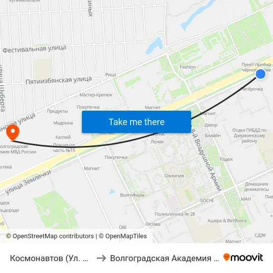Космонавтов (Ул. Землячки) to Волгоградская Академия Мвд России map