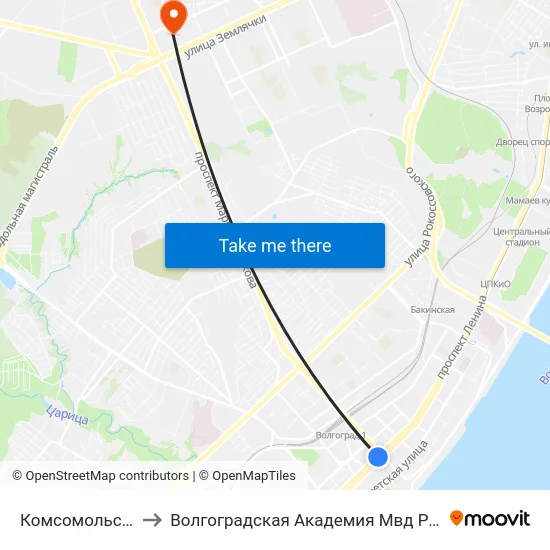 Комсомольская to Волгоградская Академия Мвд России map