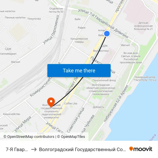 7-Я Гвардейская (А) to Волгоградский Государственный Социально-Педагогический Университет map