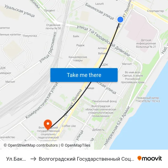 Ул.Бакинская (Б) to Волгоградский Государственный Социально-Педагогический Университет map