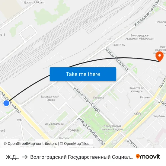 Ж.Д.В. (A) to Волгоградский Государственный Социально-Педагогический Университет map
