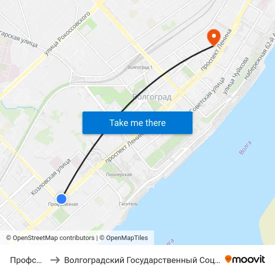 Профсоюзная (Б) to Волгоградский Государственный Социально-Педагогический Университет map
